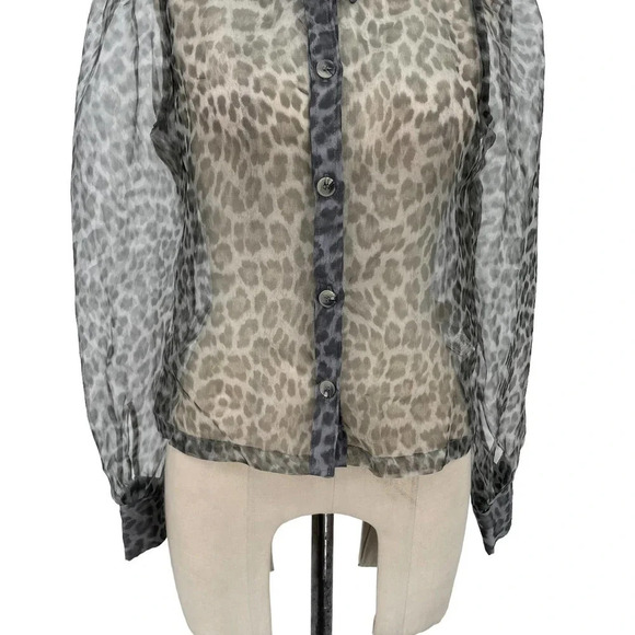 Zara Shirt Animal Print Organza Shirt Leopard Blouse Button Down Gray Size Small - Picture 4 of 9